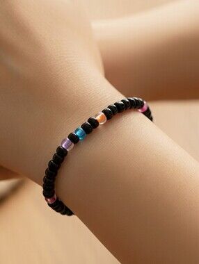 Black Beaded Bracelet Purple Blue Stretch Stack Jewelry Sleek Minimalist Cosmic